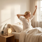 A woman in a white long-sleeve shirt stretches in bed with pillows and a duvet in a softly lit bedroom. A wooden bedside table holds a glowing lamp and a small vase with greenery.
