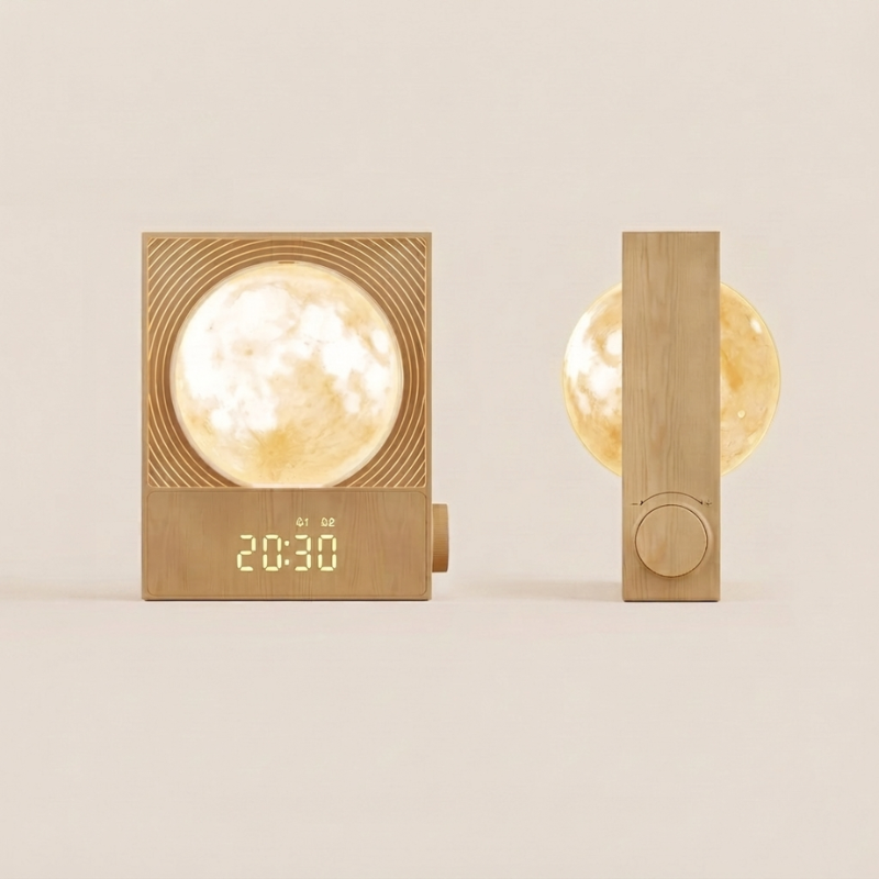 A wooden alarm clock and night light set shown on a warm beige background. The left unit has a square wood-grain body with a glowing moon lamp inside and a digital display showing 20:30.