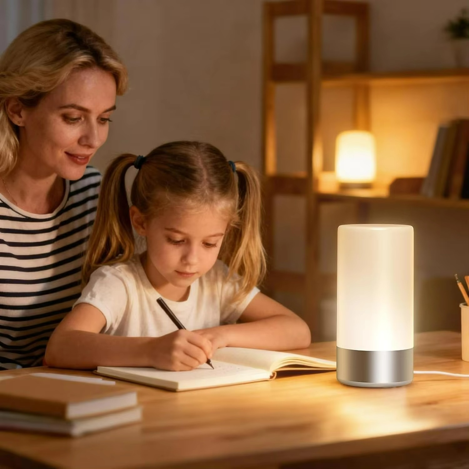 Woman and young girl sitting at a table with a lamp illuminating their work.