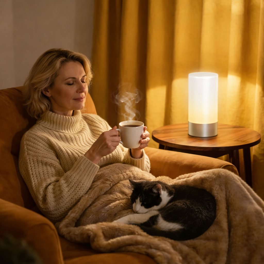 Woman in a cozy setting holding a steaming cup with a cat on her lap, surrounded by warm lighting.