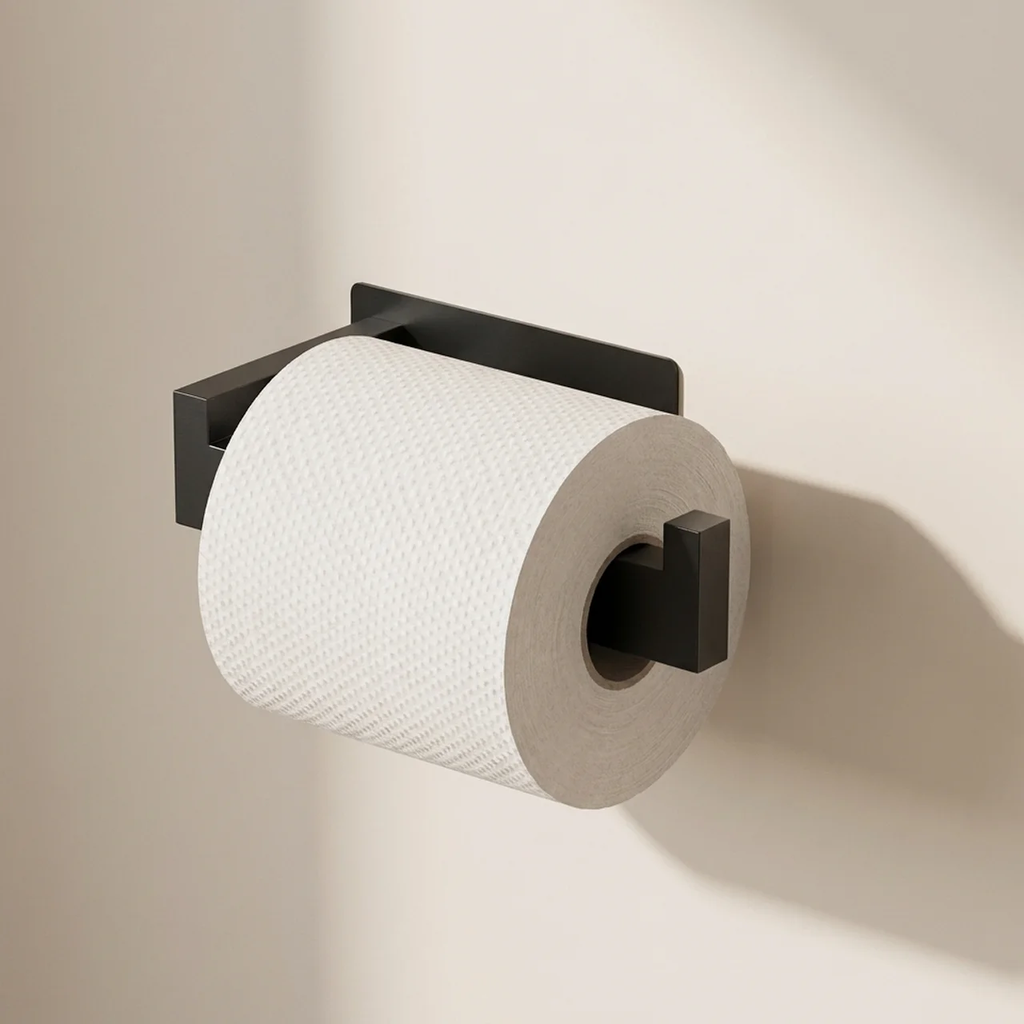 Black wall-mounted paper towel holder with a roll of paper towels on a beige wall.