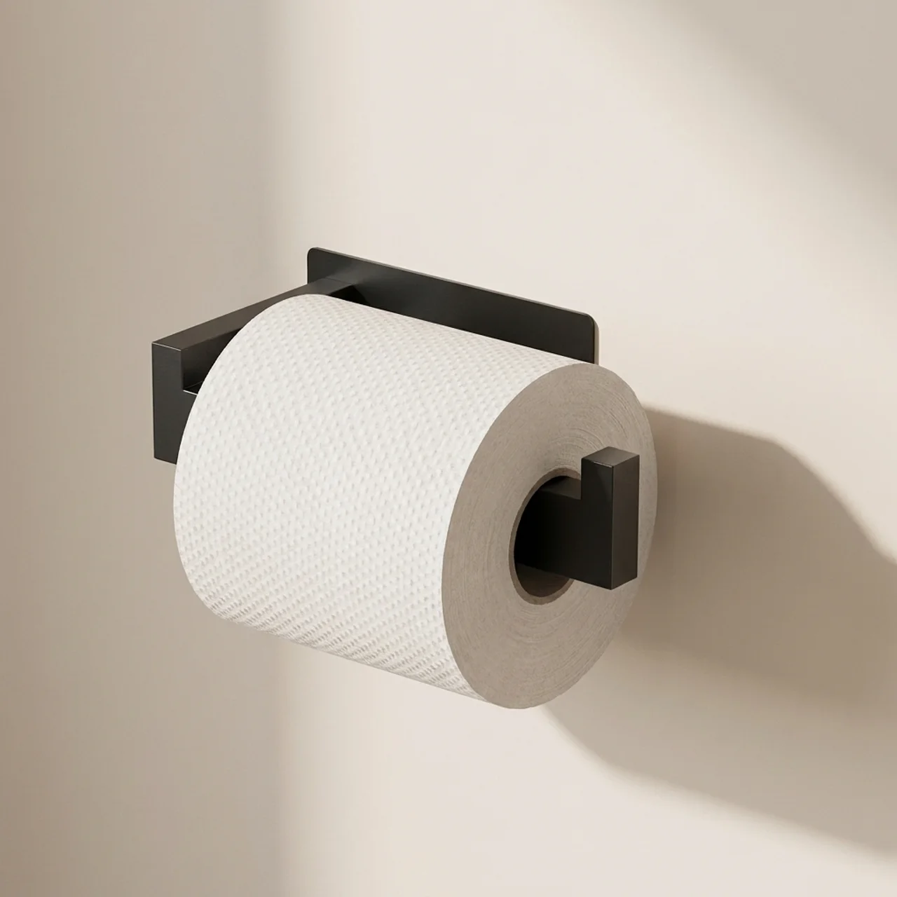 Black wall-mounted paper towel holder with a roll of paper towels on a beige wall.