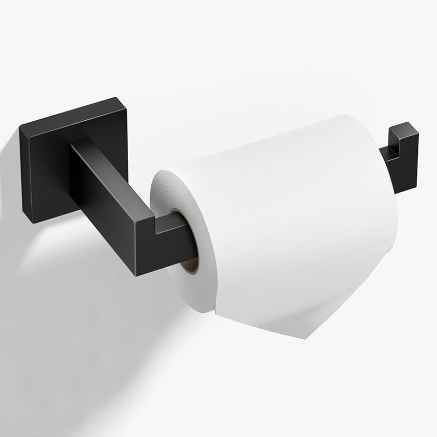 Black toilet paper holder with a roll of toilet paper on a white background