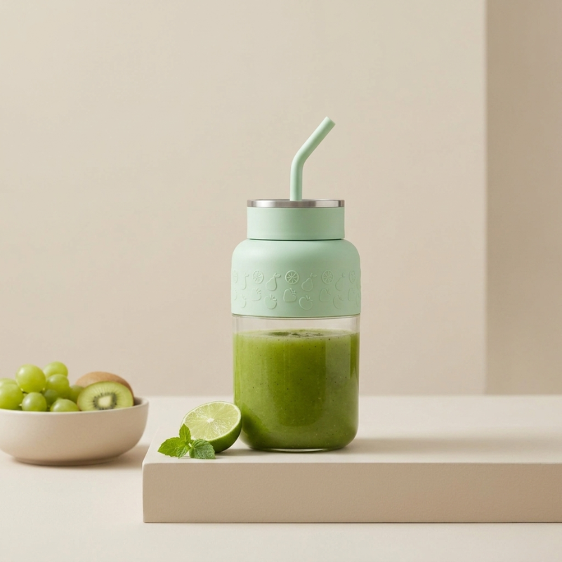 Green smoothie in a jar with a straw, surrounded by fruits on a neutral background