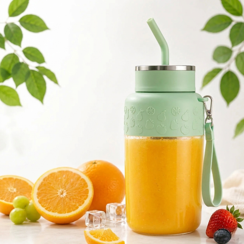 Green juice cup with a straw, oranges, grapes, and ice cubes on a light background