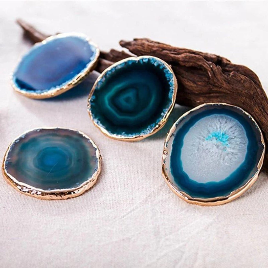 Blue Agate Coasters with Gold-Plated Edges – Unique Heat-Resistant Beverage Holders, 3.5 to 4 Inches 0