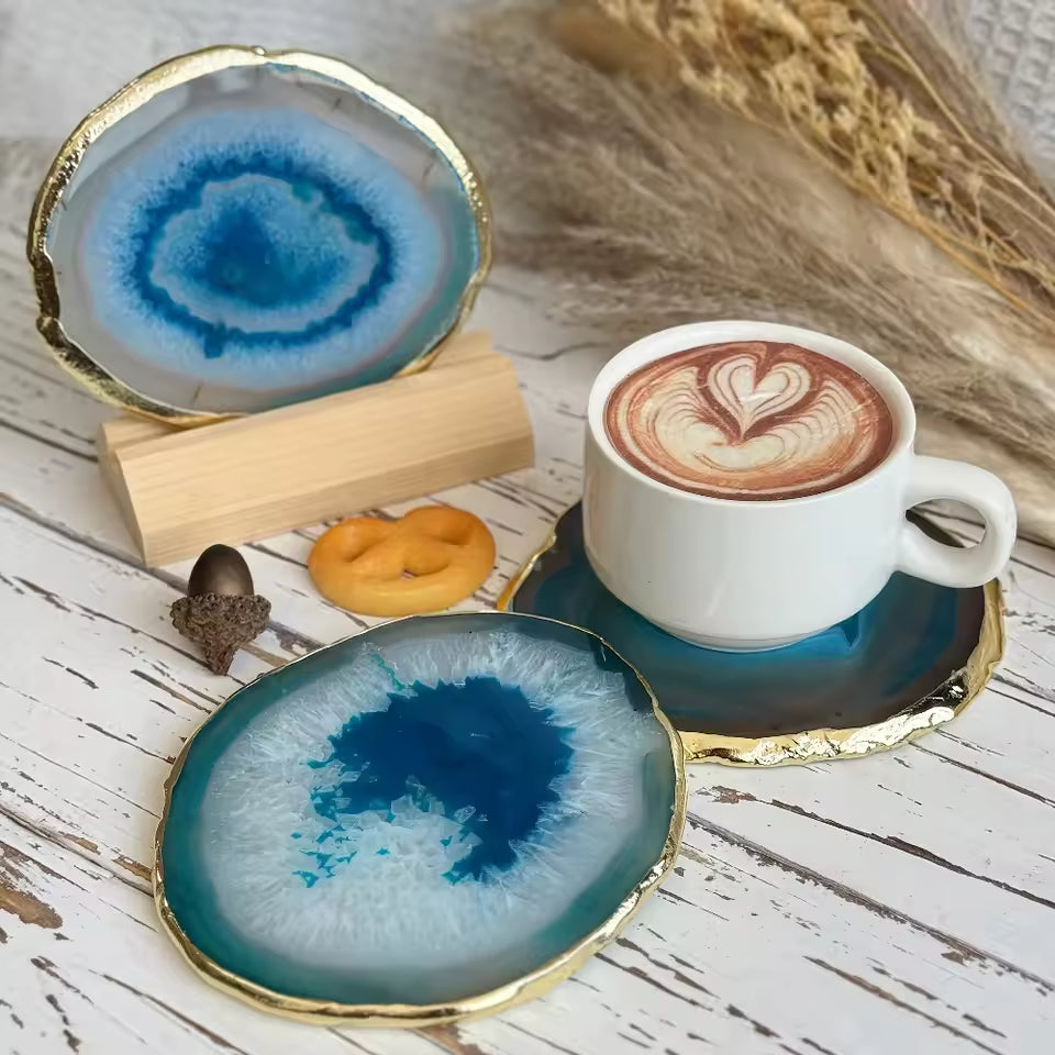 Blue Agate Coasters with Gold-Plated Edges – Unique Heat-Resistant Beverage Holders, 3.5 to 4 Inches 5
