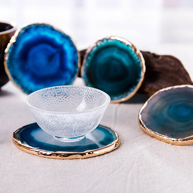 Blue Agate Coasters with Gold-Plated Edges – Unique Heat-Resistant Beverage Holders, 3.5 to 4 Inches 7