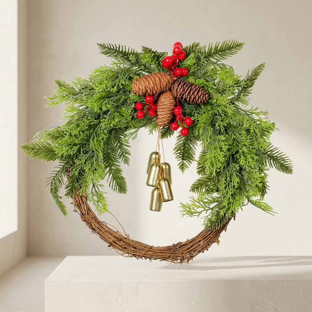 A festive holiday wreath made of natural grapevine, decorated with green pine and cedar branches, red berries, pinecones, and three hanging gold bells, displayed on a white pedestal against a neutral indoor background.