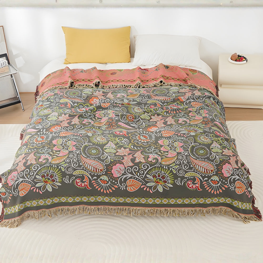 Boho Reversible Blanket - Lightweight Cotton Gauze with Floral Design 1