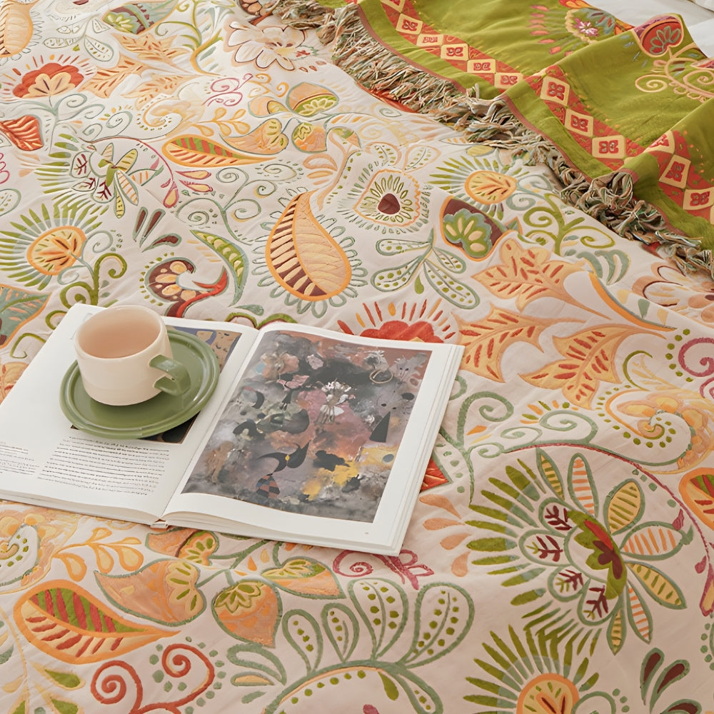 Boho Reversible Blanket - Lightweight Cotton Gauze with Floral Design 3
