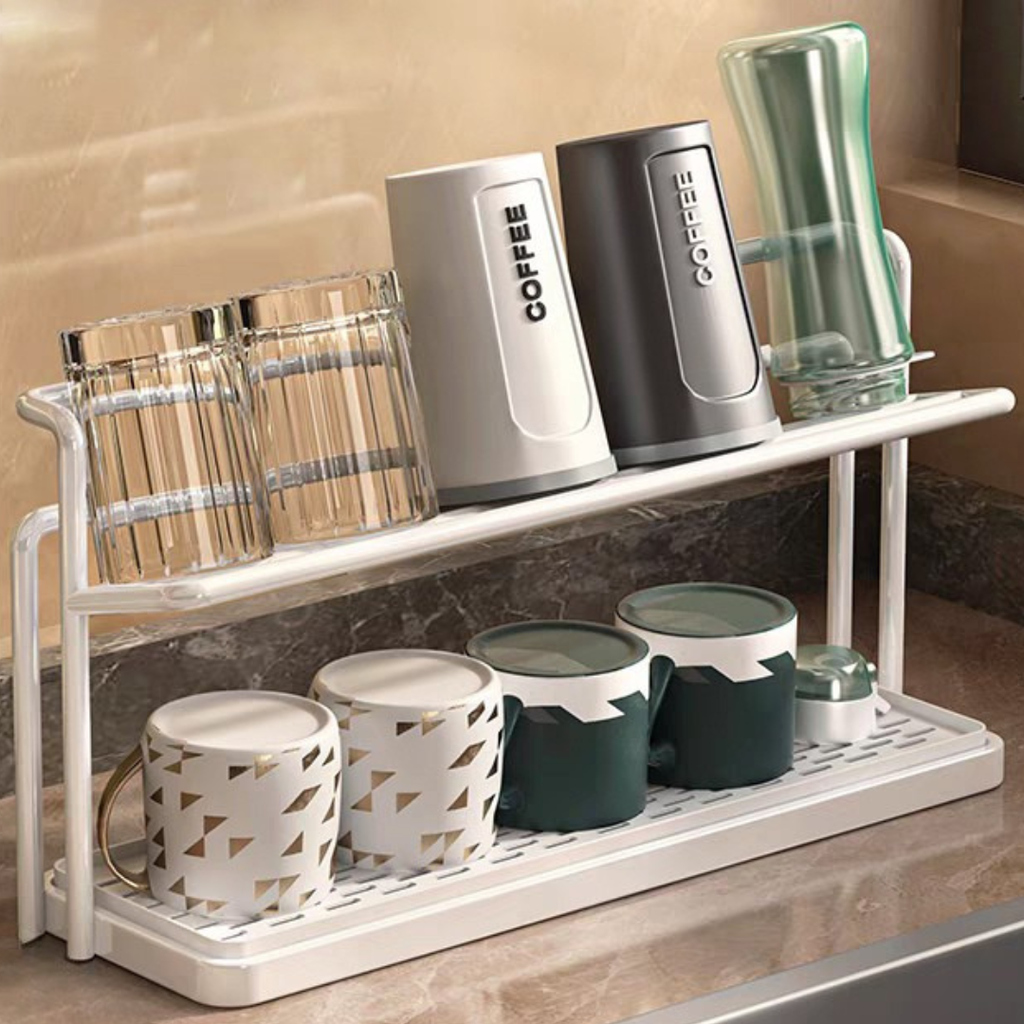 Bottle Drying Rack 2 Tier Carbon Steel 15 in Width with Drain Tray Kitchen Organizer 2