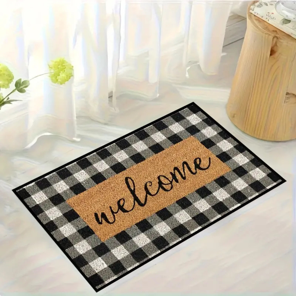 Buffalo Plaid Welcome Door Mat - Stylish Outdoor Entryway Coverage 0
