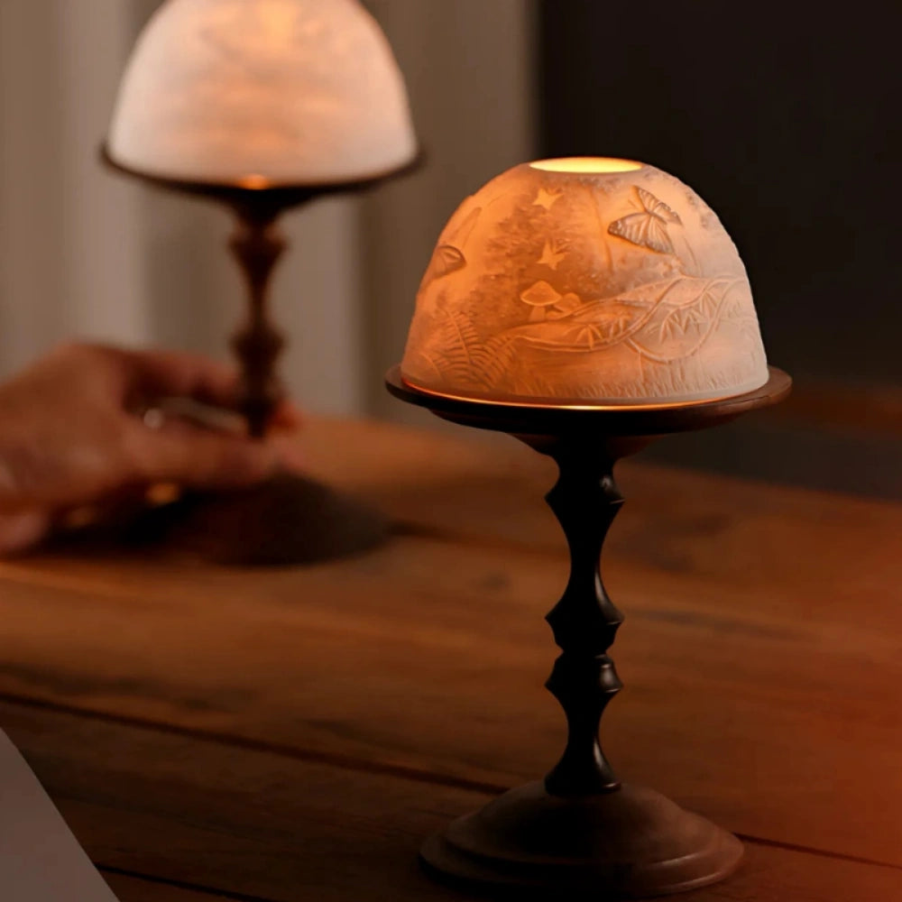 Candle Holder - Elegant Porcelain Dome & Walnut Base 0