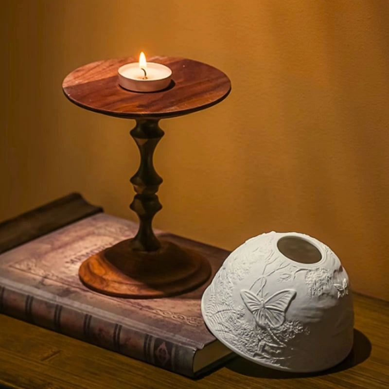 Candle Holder - Elegant Porcelain Dome & Walnut Base 3