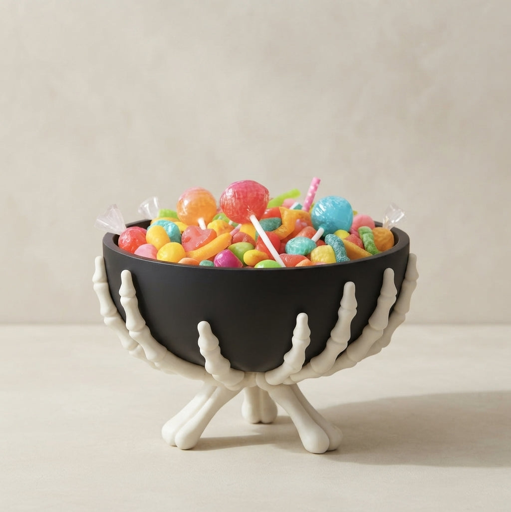 A black bowl filled with colorful lollipops and candy, supported by white skeletal hands on a stand, set against a neutral beige background.