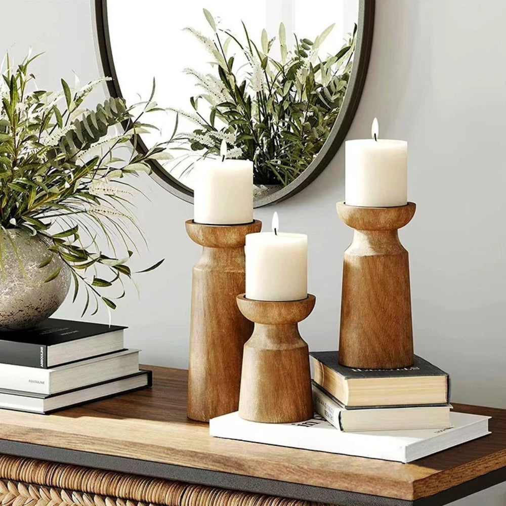 Carved Wooden Candle Holders - Rustic Elegance for Home Decor 1