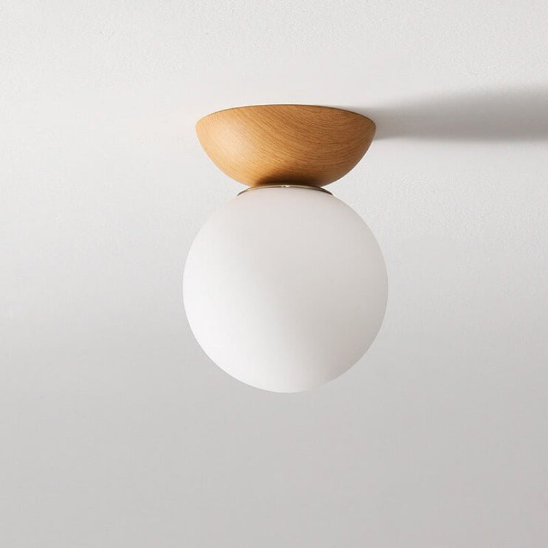 Ceiling Light Opal Glass Globe Shade Wood Base Flush Mount 16 x 27 cm 01
