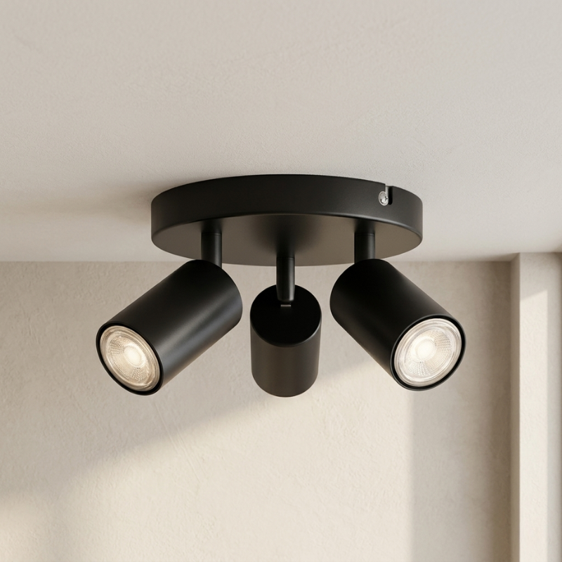 Black ceiling light fixture with three cylindrical lights on a neutral background