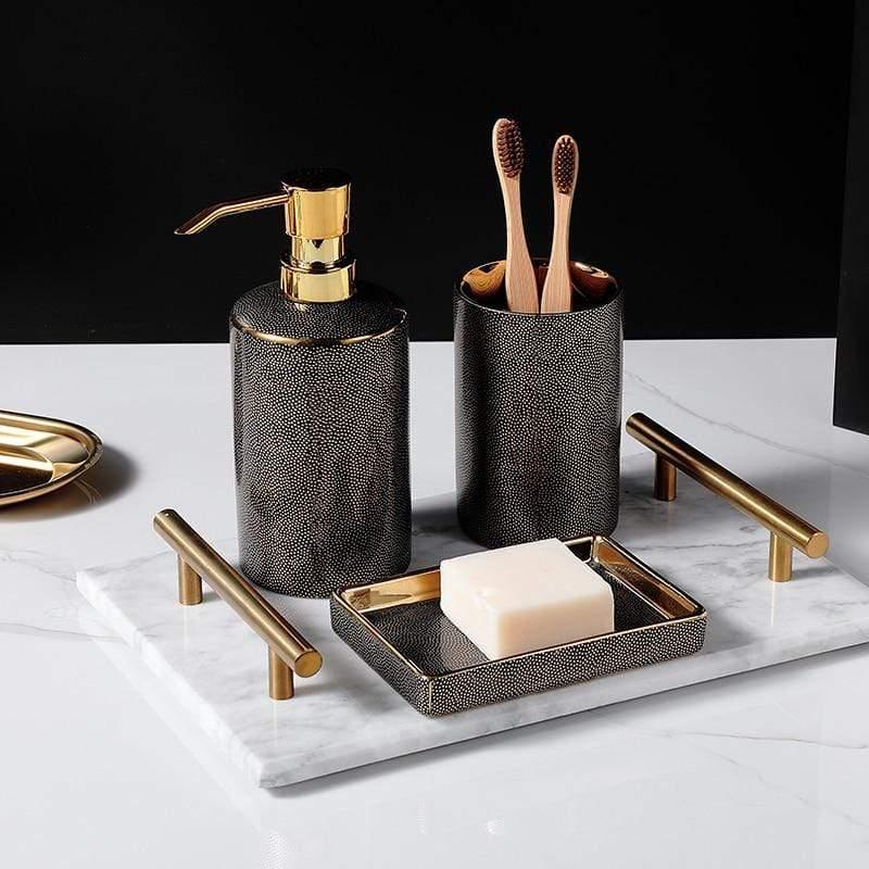 Ceramic Bathroom Accessories Set - Elegant 4-Piece with Gold Accents 1