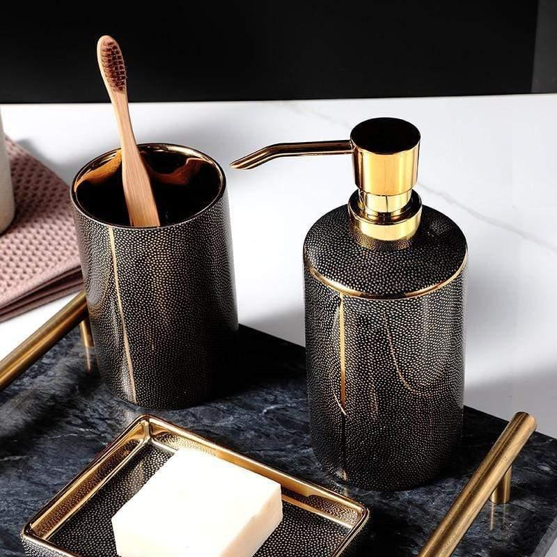 Ceramic Bathroom Accessories Set - Elegant 4-Piece with Gold Accents 3