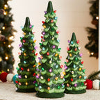 Ceramic Christmas Tree Set of 3 - Hand-Painted, Pre-Lit LED Decor 0
