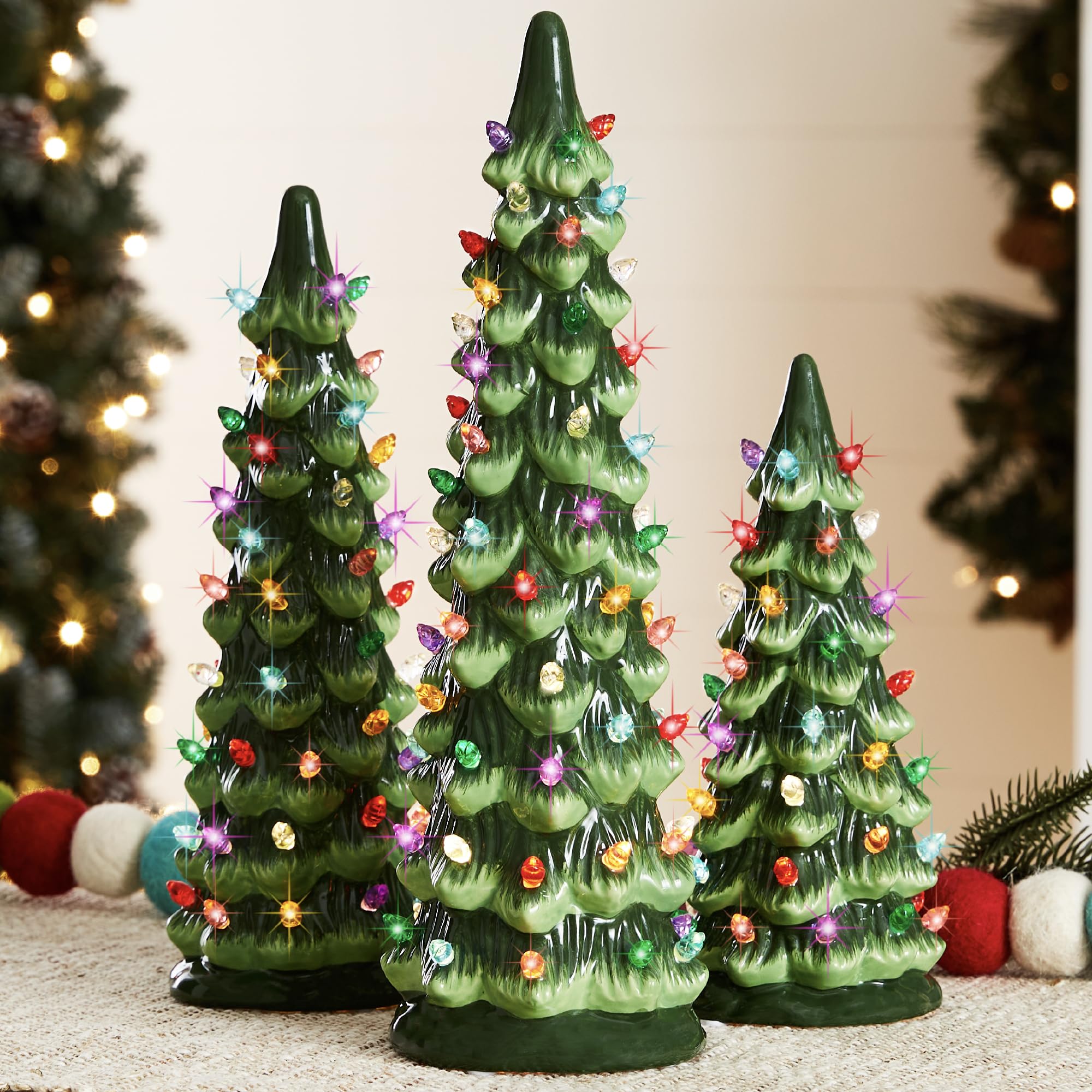 Ceramic Christmas Tree Set of 3 - Hand-Painted, Pre-Lit LED Decor 0