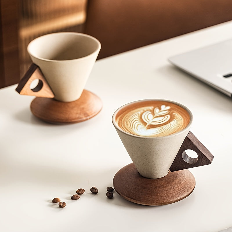 Ceramic Coffee Mug 250ml - Durable Design with Wooden Handle & Coaster 2