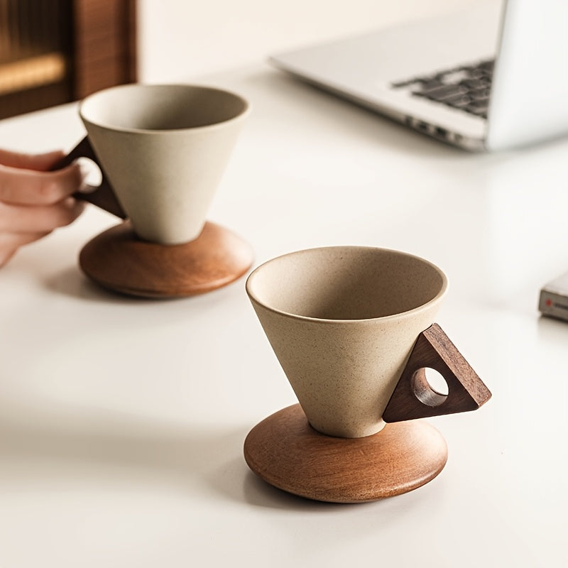 Ceramic Coffee Mug 250ml - Durable Design with Wooden Handle & Coaster 3