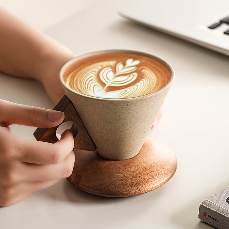 Ceramic Coffee Mug 250ml - Durable Design with Wooden Handle & Coaster 6