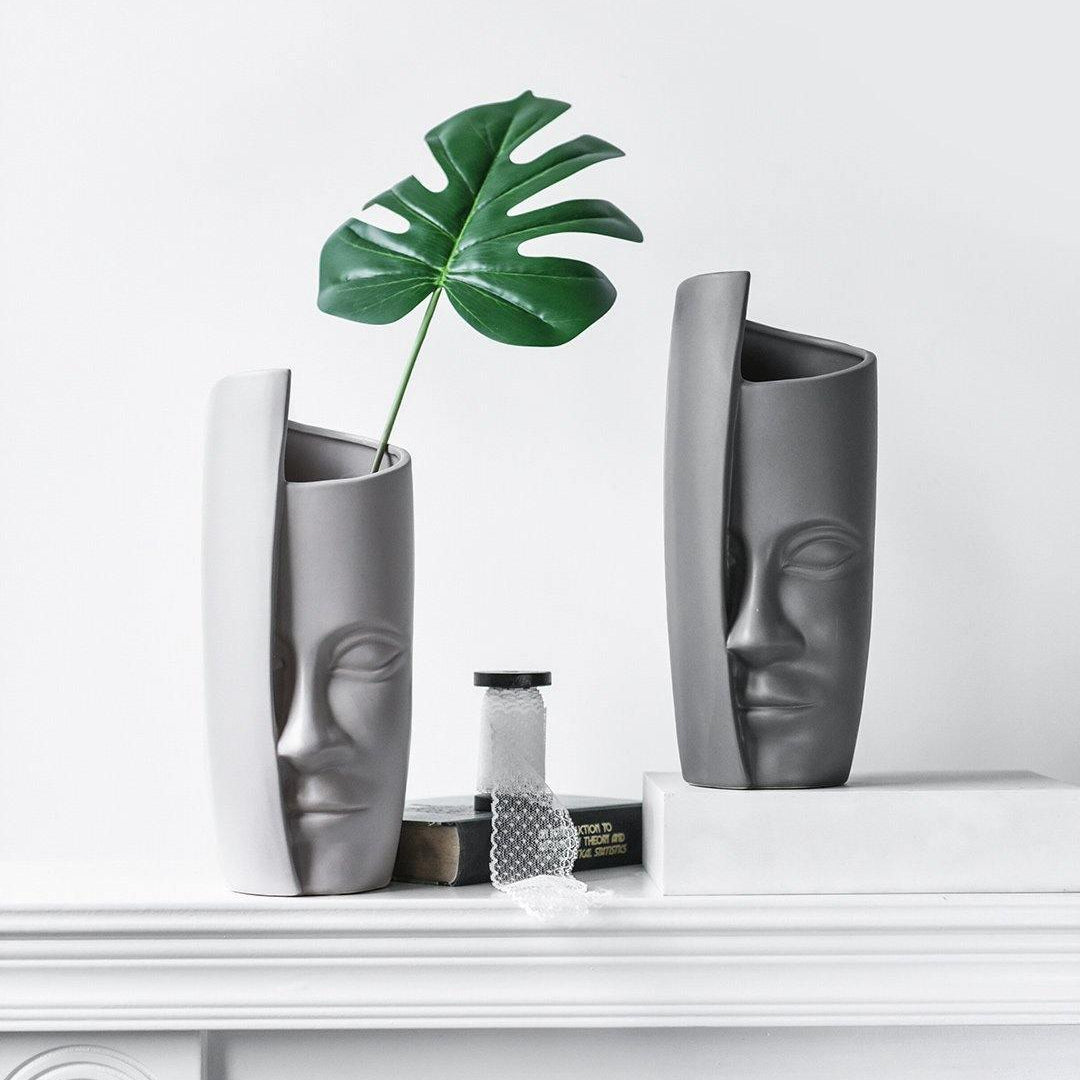 Ceramic Flower Vase - Artistic Half Face Design in Scandinavian Style 1