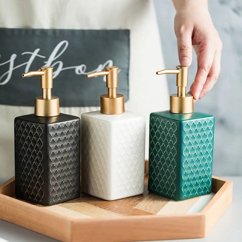 Ceramic Soap Dispenser - Elegant Plaid Design with Gold Pump 1