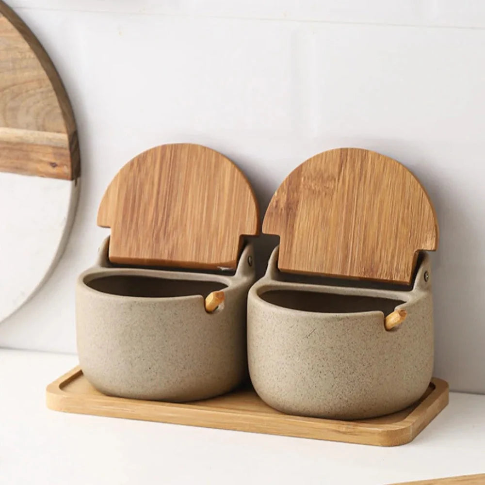 Ceramic Spice Jar Set - Elegant Bamboo Lids for Stylish Kitchen Organization 0