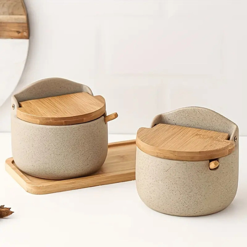 Ceramic Spice Jar with Bamboo Lid and Built-in Spoon, 300ml Capacity – Stylish Spice Storage Container for Seasonings 4