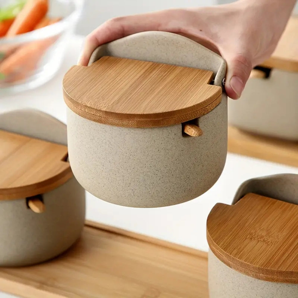 Ceramic Spice Jar with Bamboo Lid and Built-in Spoon, 300ml Capacity – Stylish Spice Storage Container for Seasonings 5