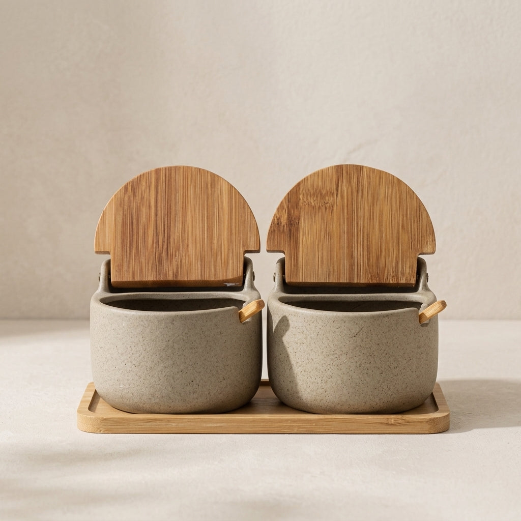 Ceramic Spice Jars with Bamboo Lids and Wooden Tray 1