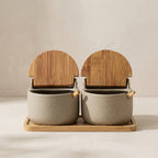 Ceramic Spice Jars with Bamboo Lids and Wooden Tray 1