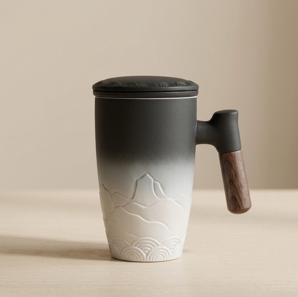 Ceramic Tea Mug with Wooden Handle and Lid for Hot Drinks 1