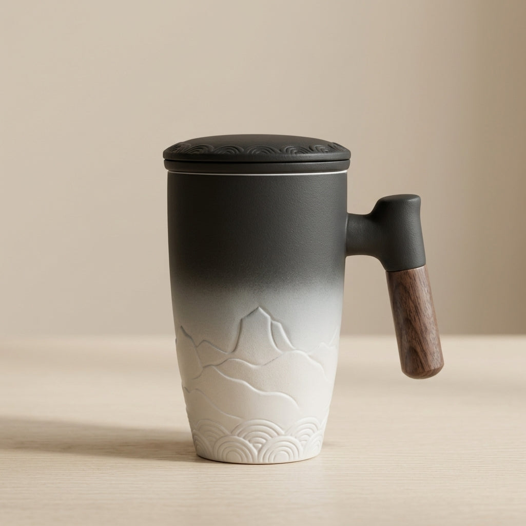 Ceramic Tea Mug with Wooden Handle and Lid for Hot Drinks 1