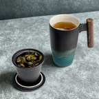 Ceramic Tea Mug with Wooden Handle and Lid for Hot Drinks 2