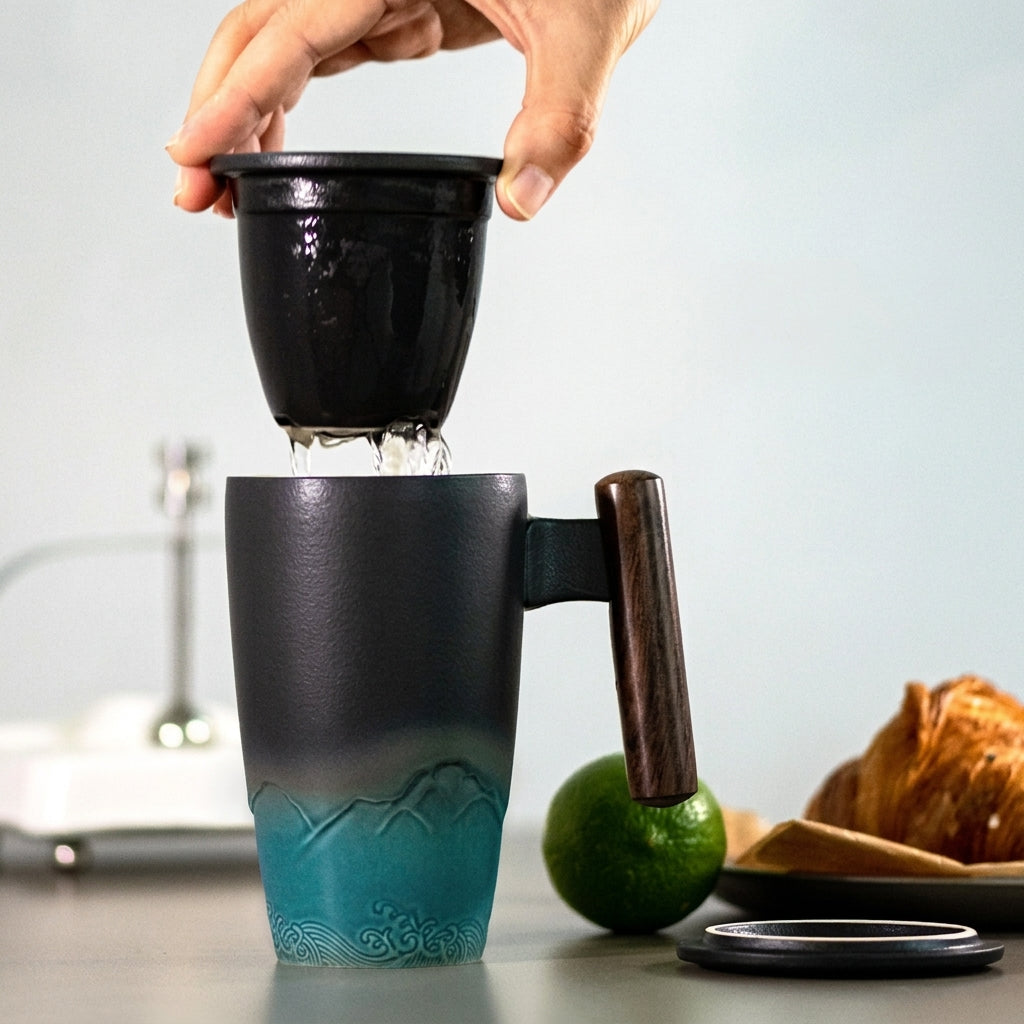 Ceramic Tea Mug with Wooden Handle and Lid for Hot Drinks 3