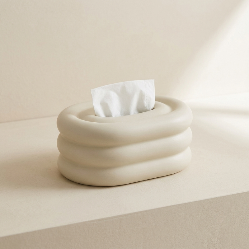 White tissue holder with tissues on a beige background