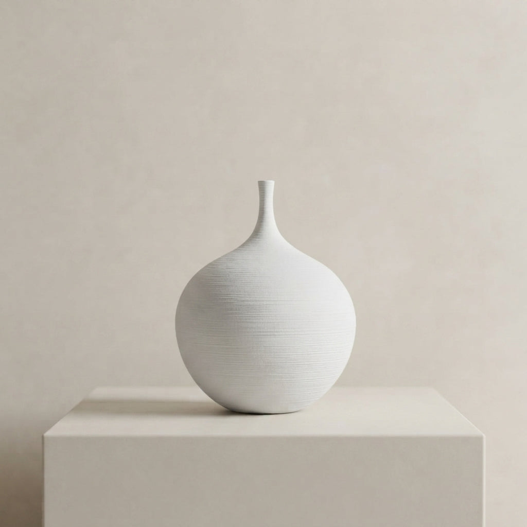 A matte white ceramic vase with a textured surface and a narrow neck, displayed on a matching white pedestal against a warm beige background.