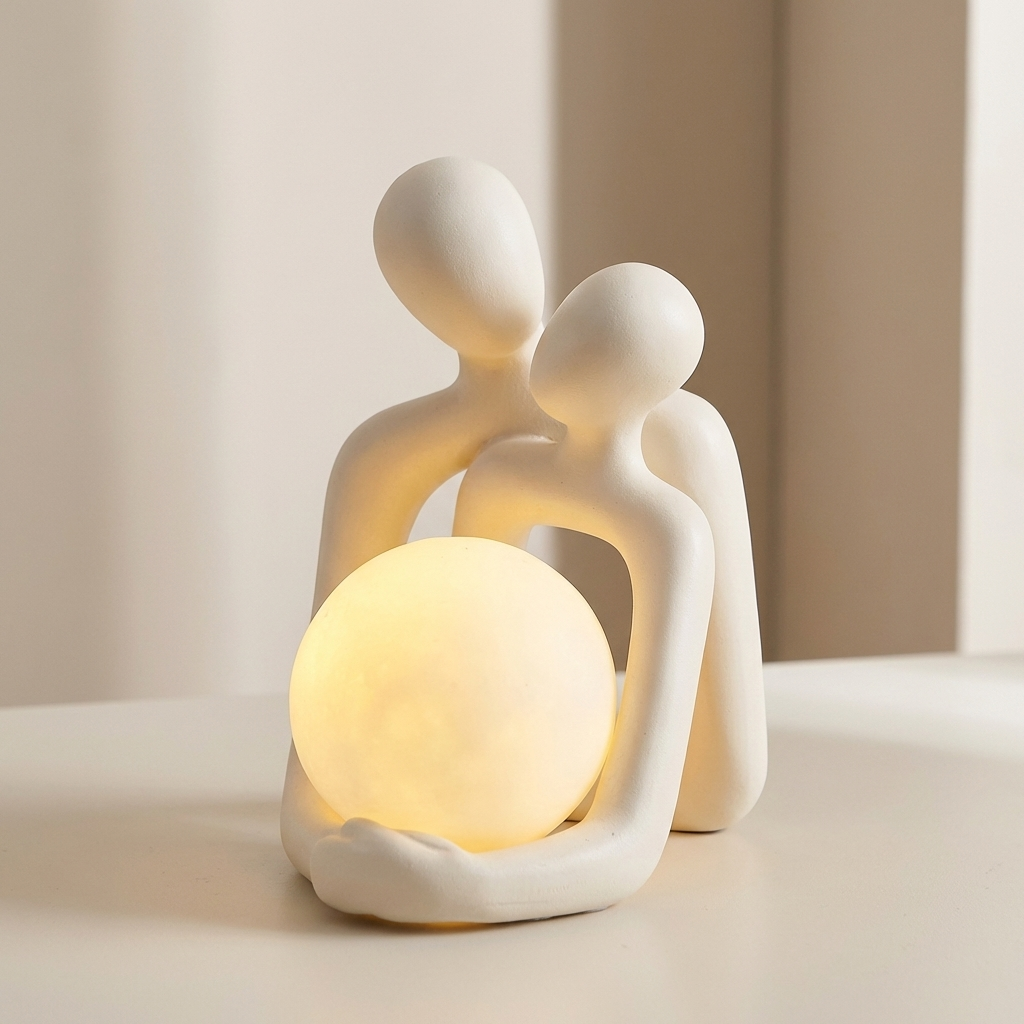 Ceramic lamp shaped like two people embracing with a glowing light bulb inside on a neutral background