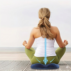 Person sitting on a yoga cushion with a spine illustration, on a light background