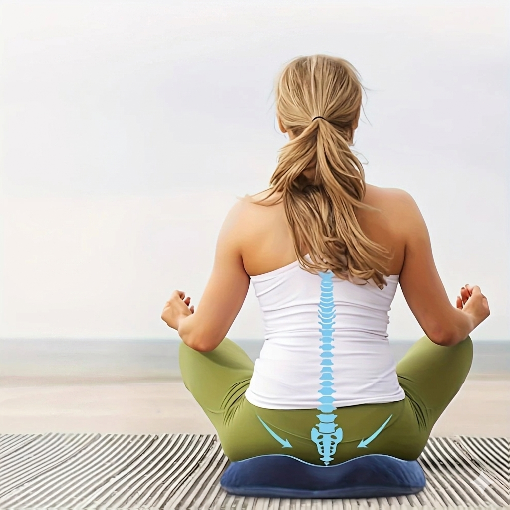 Person sitting on a yoga cushion with a spine illustration, on a light background