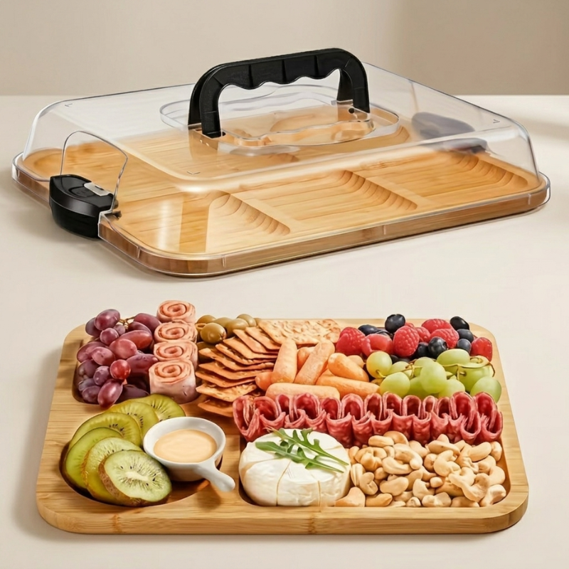 Charcuterie Board Bamboo Compartments Lid and Handle 