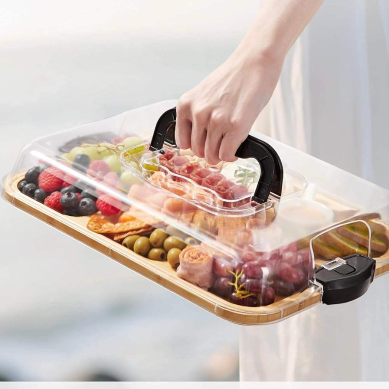 Charcuterie Board Bamboo Compartments Lid and Handle 2