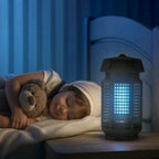 A bug zapper lamp glowing with blue light sits on a bedside table next to a sleeping child in bed, with feature icons along the bottom.