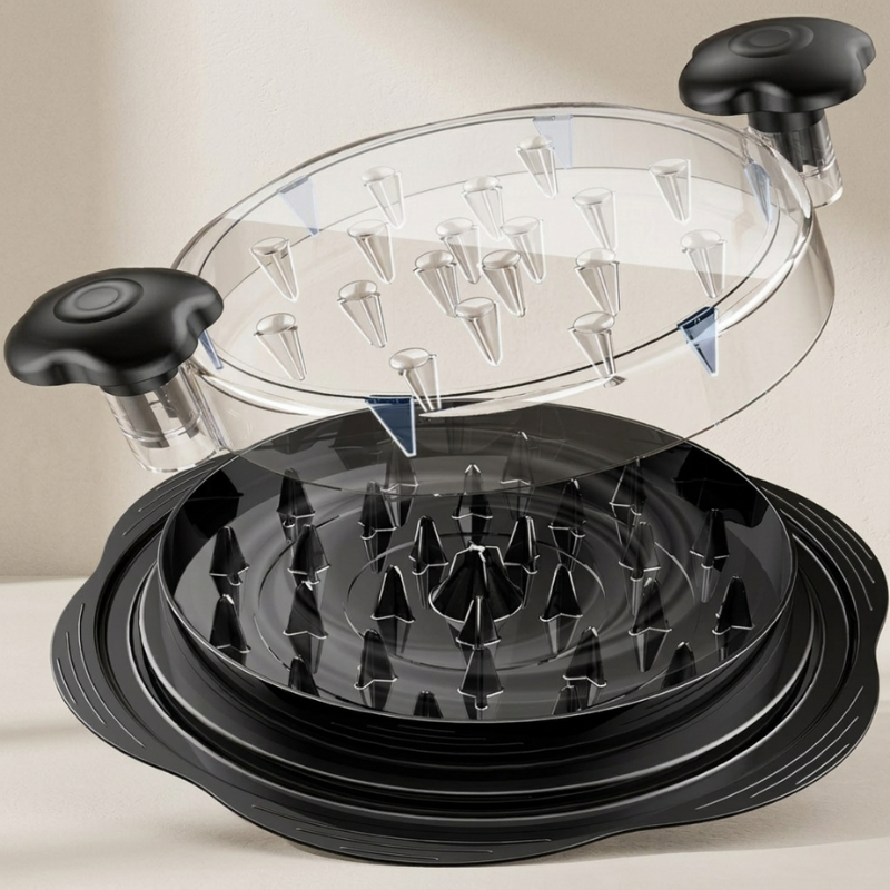 Set of black kitchen sieves with clear lids on a beige background